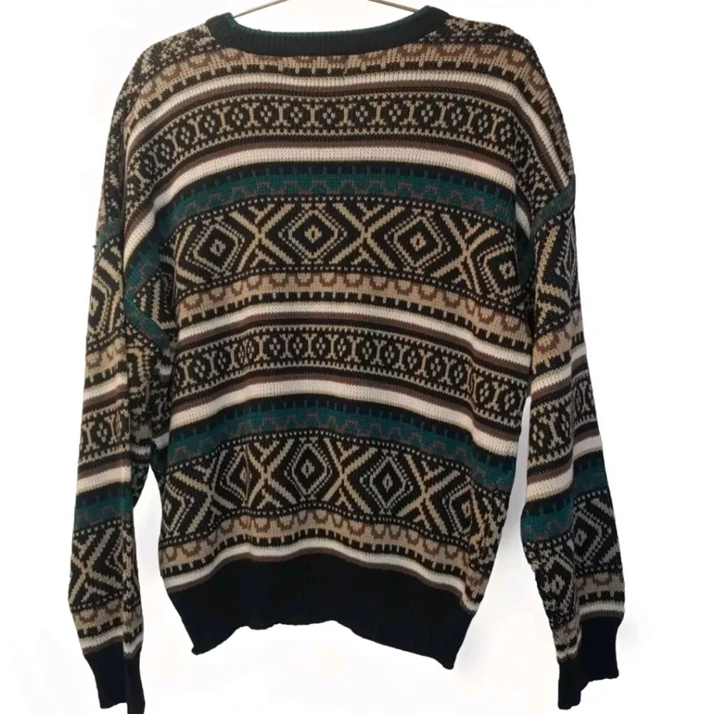 Vtg Impact Sweater Men XL Leather Patches Geometric Eclectic Grampa Ski Crewneck